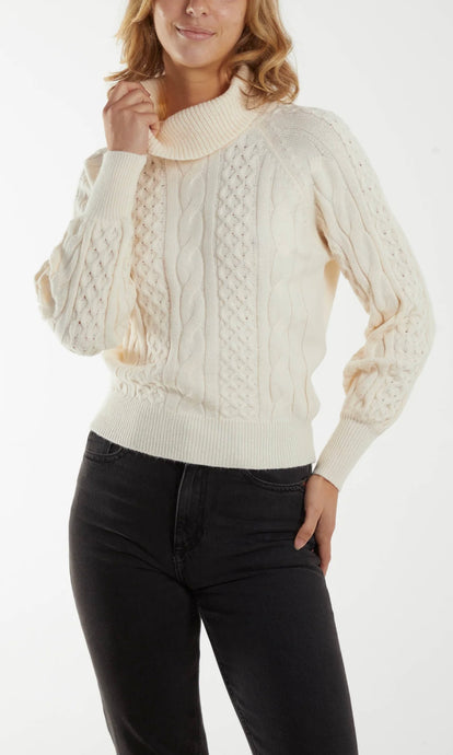BEIGE  CABLE KNIT ROLL NECK JUMPER