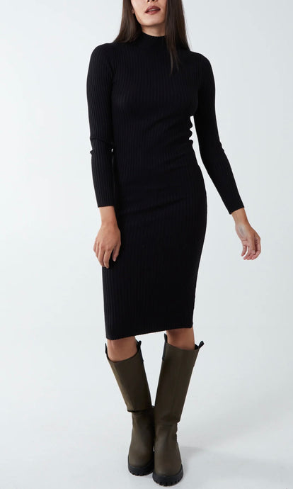 BLACK TURTLENECK RIBBED BODYCON KNITTED  DRESS