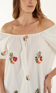 EMBROIDERED FLOWER PUFF SLEEVE BARDOT TOP