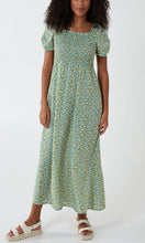 Load image into Gallery viewer, GREEN FLORAL SHIRRING DETAIL PUFF SLEEVE MIDI DRESS