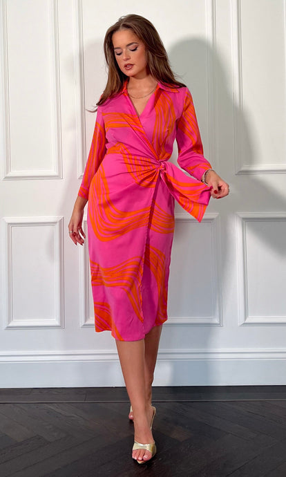 Nala Orange & Pink Midi Wrap Dress
