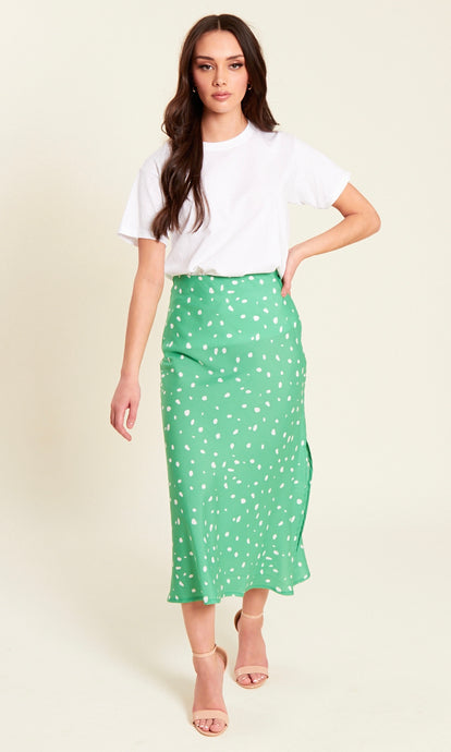 Green With White Dot Bias Cut Midi Skirt