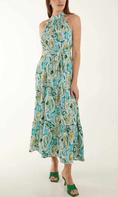 GREEN AND BLUE CURVE HALTER NECK PAISLEY MAXI DRESS