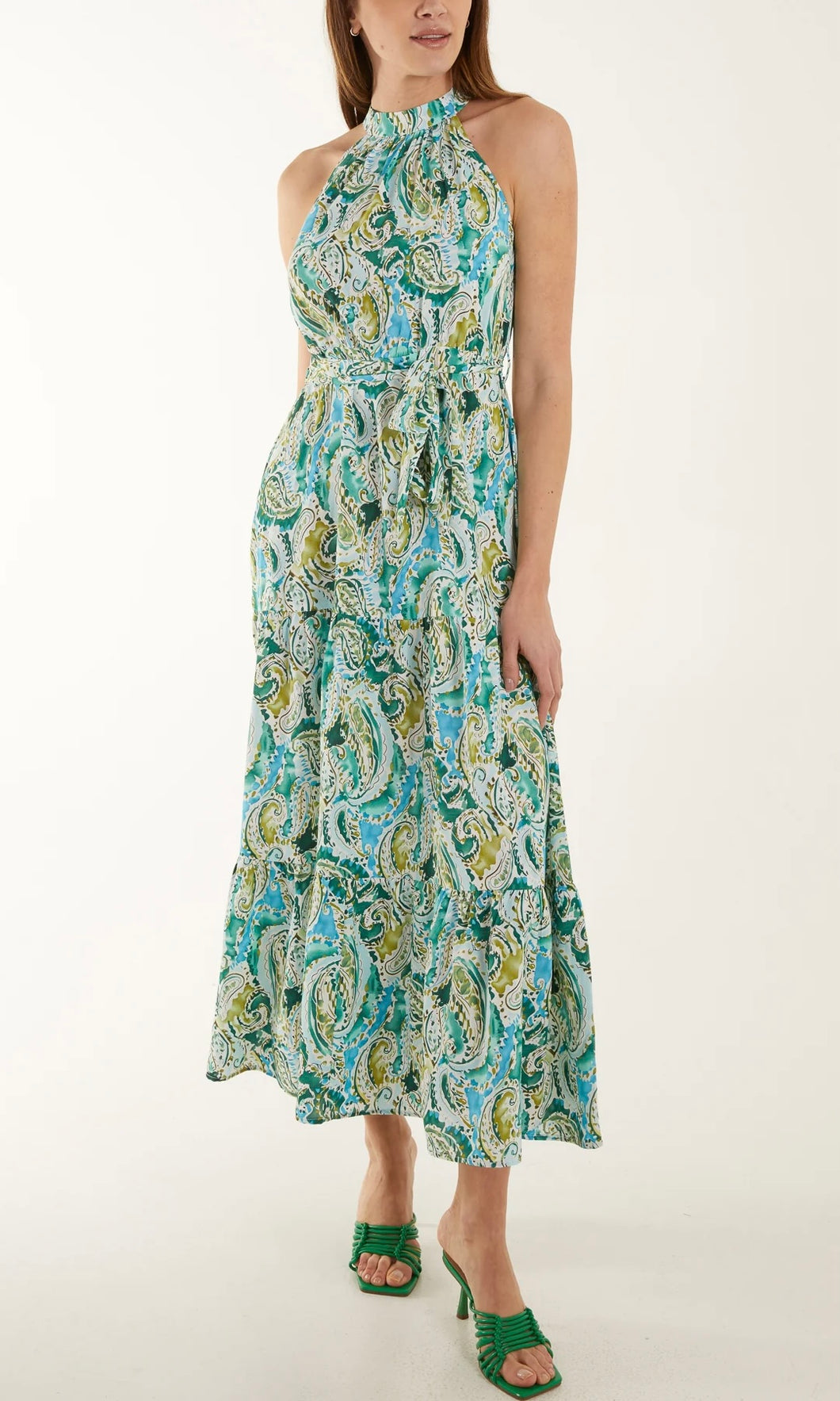 GREEN AND BLUE HALTER NECK PAISLEY MAXI DRESS