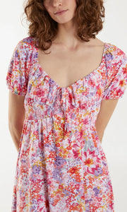 PINK SWEETHEART NECKLINE FLORAL STRETCH MINI DRESS