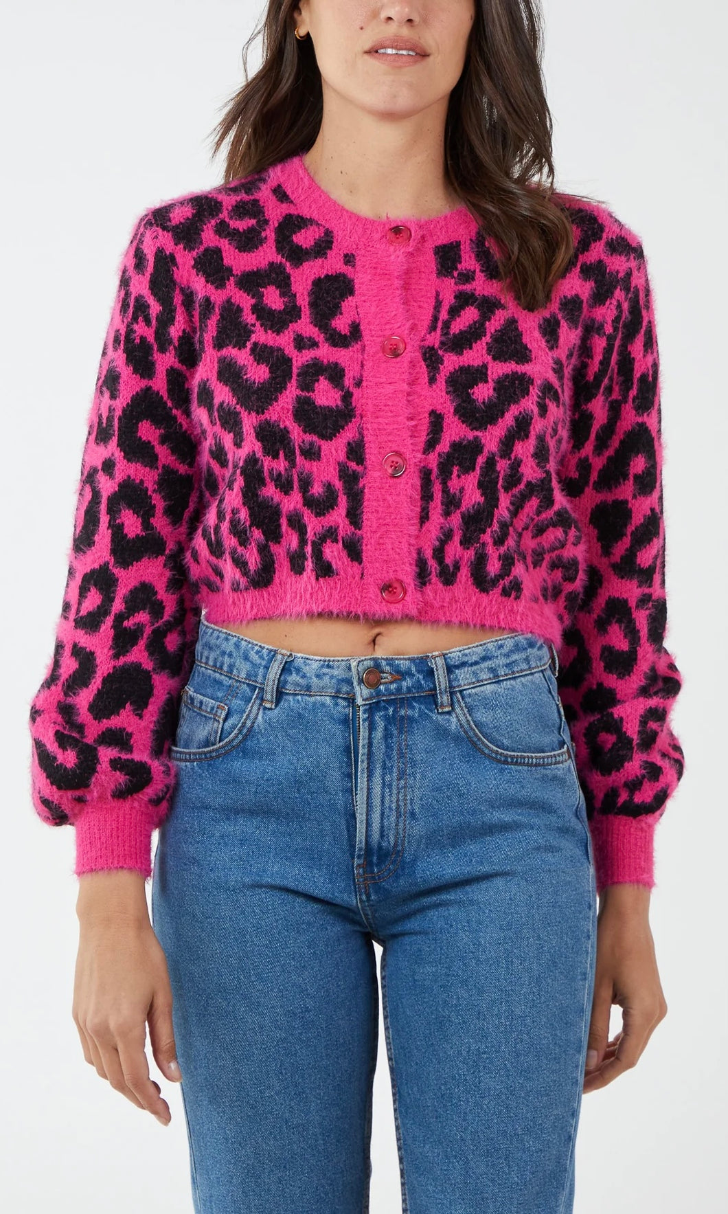 PINK LEOPARD PRINT CROPPED FLUFFY KNIT CARDIGAN
