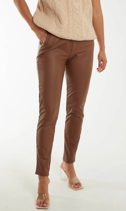 BROWN LEATHER LOOK TROUSERS