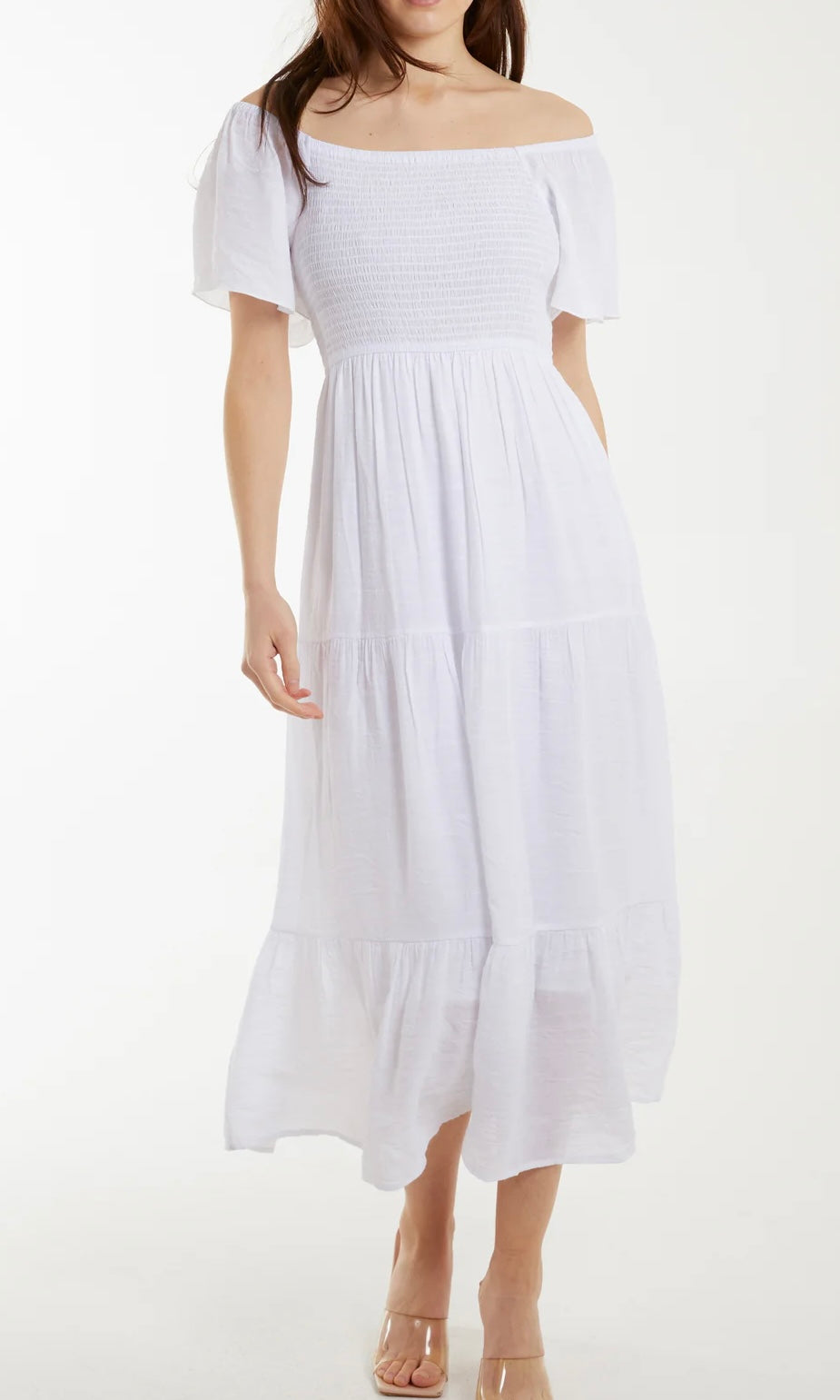 WHITE SQUARE NECK FLUTTER SLEEVE ELASTIC DRESS