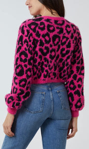 PINK LEOPARD PRINT CROPPED FLUFFY KNIT CARDIGAN