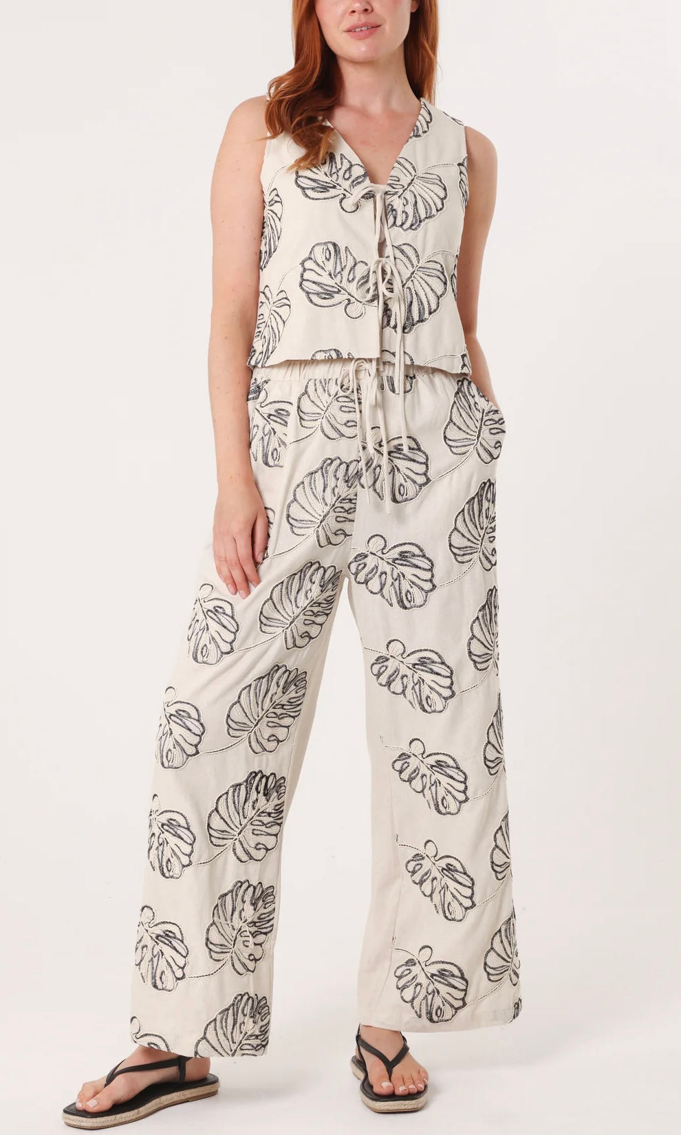 EMBROIDERED LEAF TIE FRONT TOP & TROUSER CO ORD SET