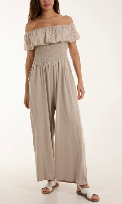 BEIGE BRODERIE ANGLAISE BARDOT JUMPSUIT