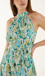 GREEN AND BLUE CURVE HALTER NECK PAISLEY MAXI DRESS