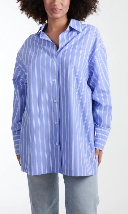 BLUE AND WHITE OVERSIZED STRIPED BUTTON DOWN SHIRT