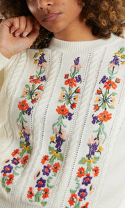 CREAM EMBROIDERED FLOWER CABLE KNIT JUMPER