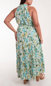 GREEN AND BLUE CURVE HALTER NECK PAISLEY MAXI DRESS