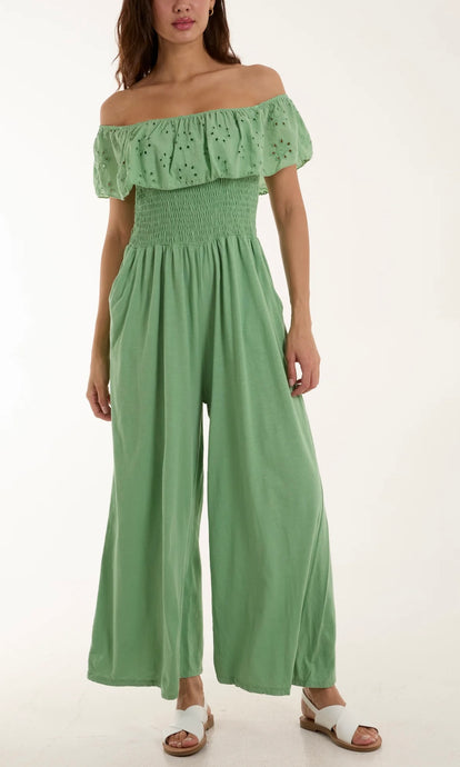 GREEN BRODERIE ANGLAISE BARDOT JUMPSUIT