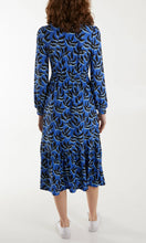 Load image into Gallery viewer, BLUE AND BLACK LEAF PRINT LONG SLEEVE STRETCH SHIRT DRESS