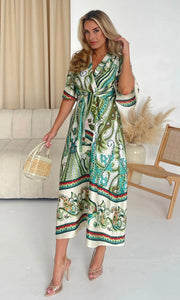 Elicia Knot Front Midi Dress Green Boarder Print