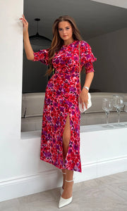 Shayla Red Floral Shirred Cuff Midi Dress
