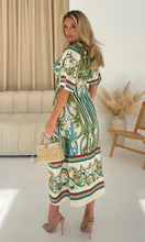 Load image into Gallery viewer, Elicia Knot Front Midi Dress Green Boarder Print