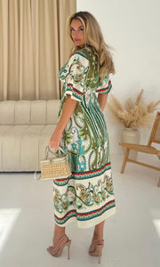 Elicia Knot Front Midi Dress Green Boarder Print