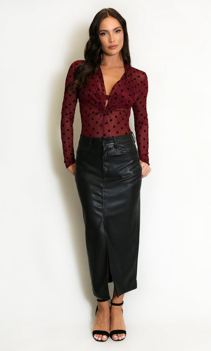 Black PU Midi Skirt with Front Slit