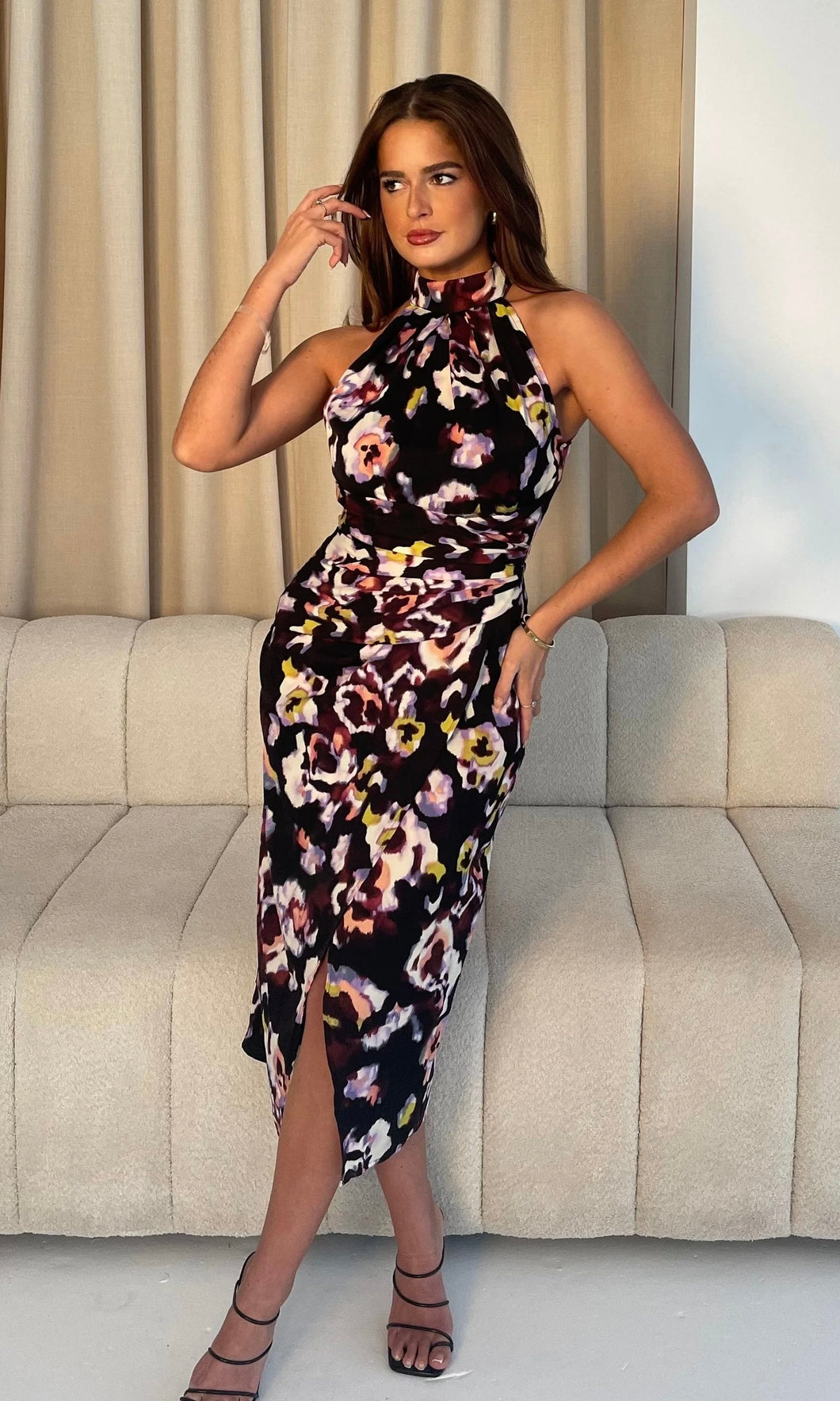 Alessia Halterneck Wrap Detail Midi Dress Floral