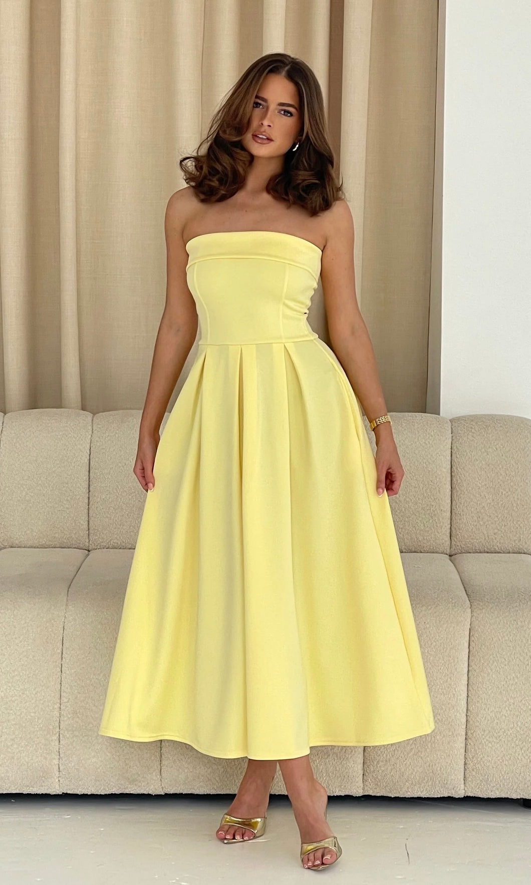 Danni Strapless Bandeau Midi Dress Yellow