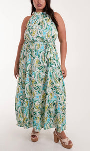 GREEN AND BLUE CURVE HALTER NECK PAISLEY MAXI DRESS