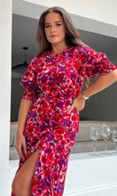 Load image into Gallery viewer, Shayla Red Floral Shirred Cuff Midi Dress