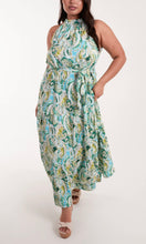 Load image into Gallery viewer, GREEN AND BLUE CURVE HALTER NECK PAISLEY MAXI DRESS