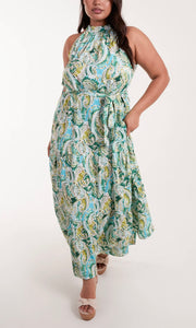 GREEN AND BLUE CURVE HALTER NECK PAISLEY MAXI DRESS