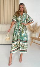 Load image into Gallery viewer, Elicia Knot Front Midi Dress Green Boarder Print
