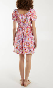 PINK SWEETHEART NECKLINE FLORAL STRETCH MINI DRESS