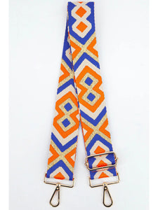 Woven Aztec Print Metallic Wide Bag Strap in Orange & Blue