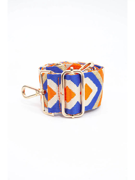 Woven Aztec Print Metallic Wide Bag Strap in Orange & Blue