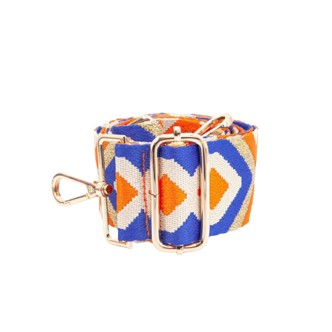 Woven Aztec Print Metallic Wide Bag Strap in Orange & Blue