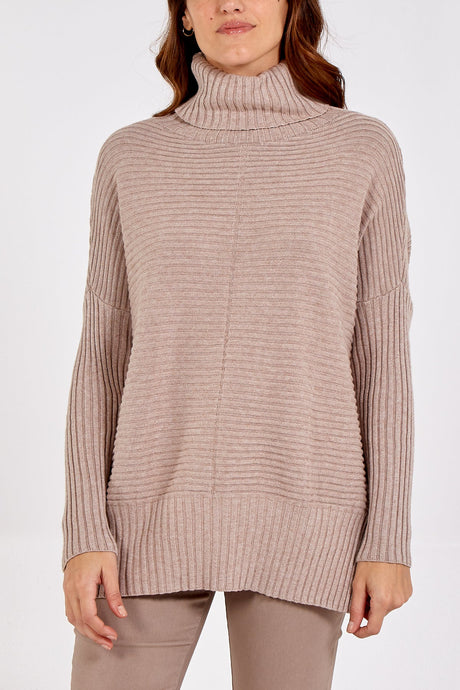 TAUPE KNITTED RIB ROLL NECK JUMPER