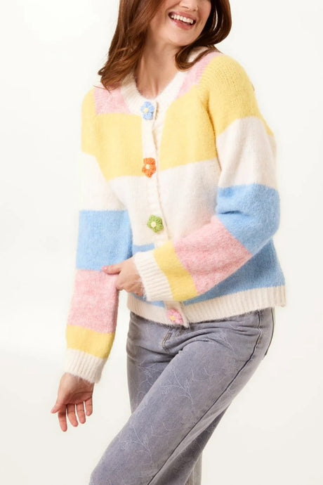 STRIPED KNIT CARDIGAN WITH FLOWER BUTTONS