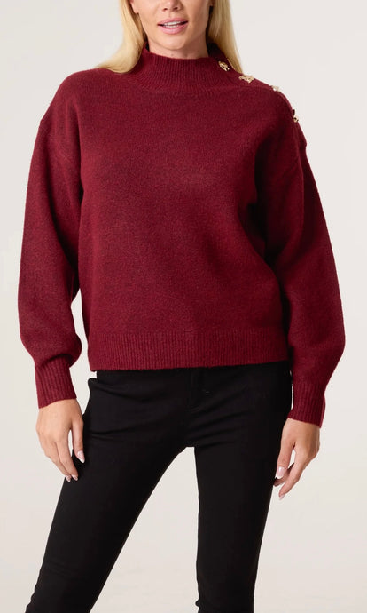WINE JUMPER WITH GOLD SHOULDER BUTTON