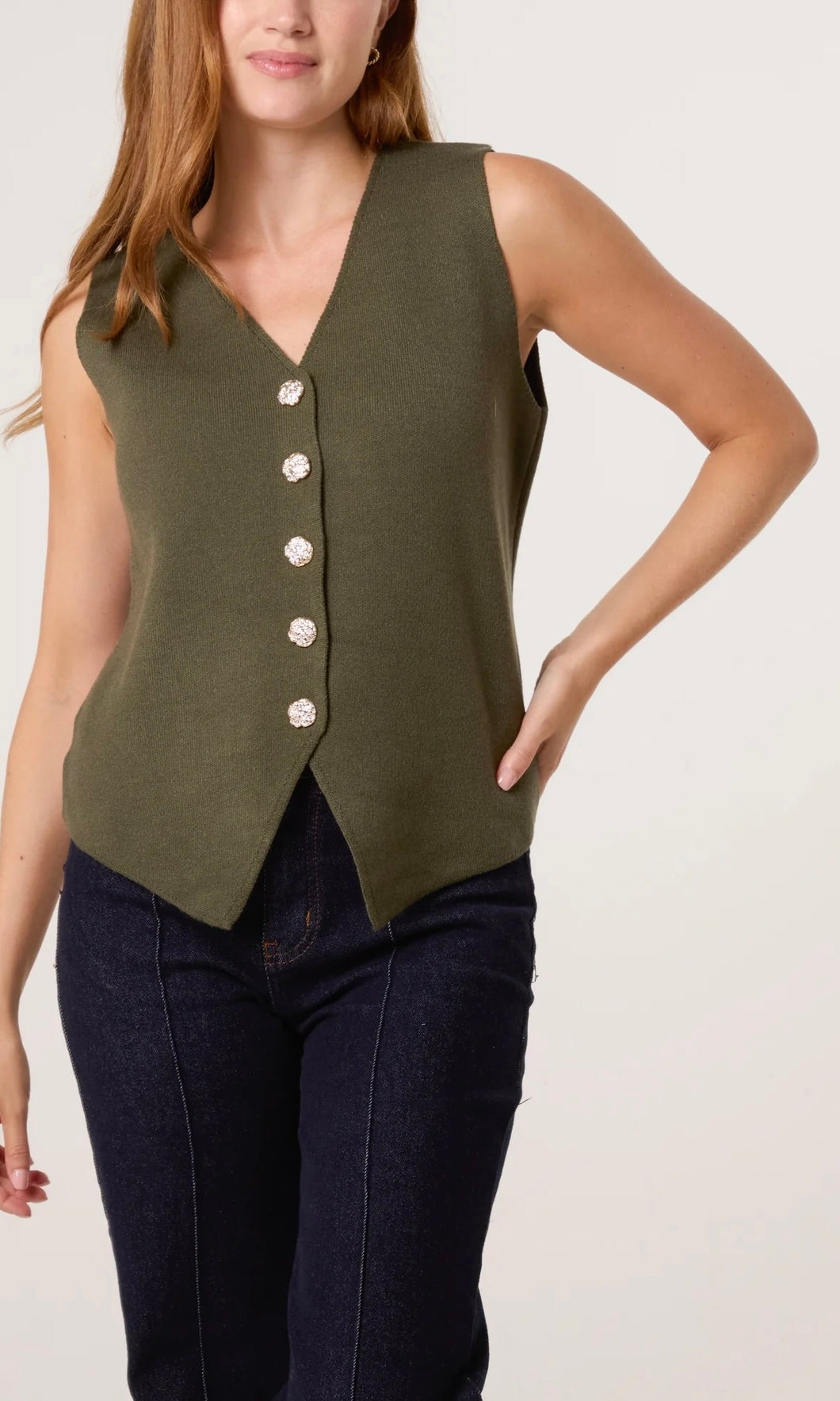 KHAKI GOLD FLOWER BUTTON KNITTED WAISTCOAT