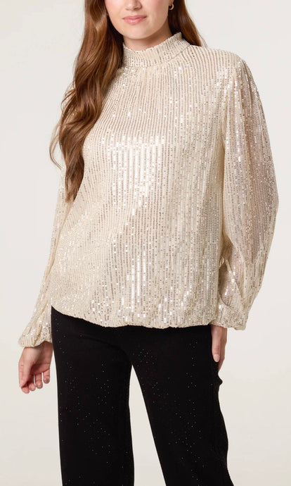 GOLD SEQUIN HIGH NECK PUFFBALL TOP