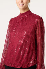 Load image into Gallery viewer, WINE SEQUIN HIGH NECK PUFFBALL TOP