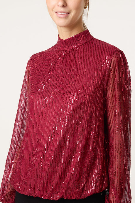 WINE SEQUIN HIGH NECK PUFFBALL TOP