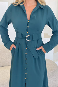Grace Buckle Detail Emerald Midi Shirt Dress