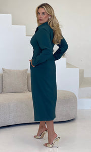 Grace Buckle Detail Emerald Midi Shirt Dress