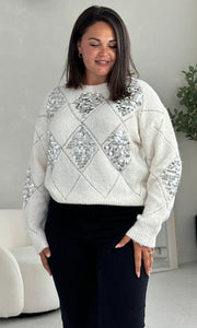 Kathy Cream and Silver Sequin Patch Jumper