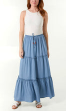 Load image into Gallery viewer, DENIM BEADED TIERED MAXI SKIRT