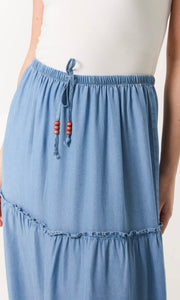 DENIM BEADED TIERED MAXI SKIRT