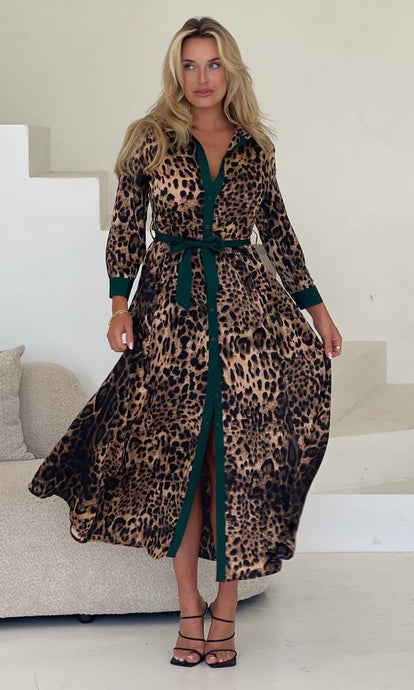Angela Leopard Print Green Shirt Maxi Dress